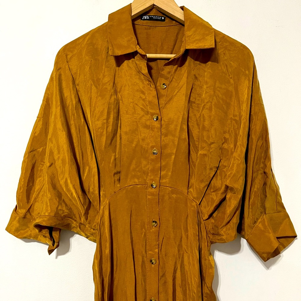 ZARA PLEATED SHIRT DRESS TRF TOFFEE Size XS - Picture 5 of 9
